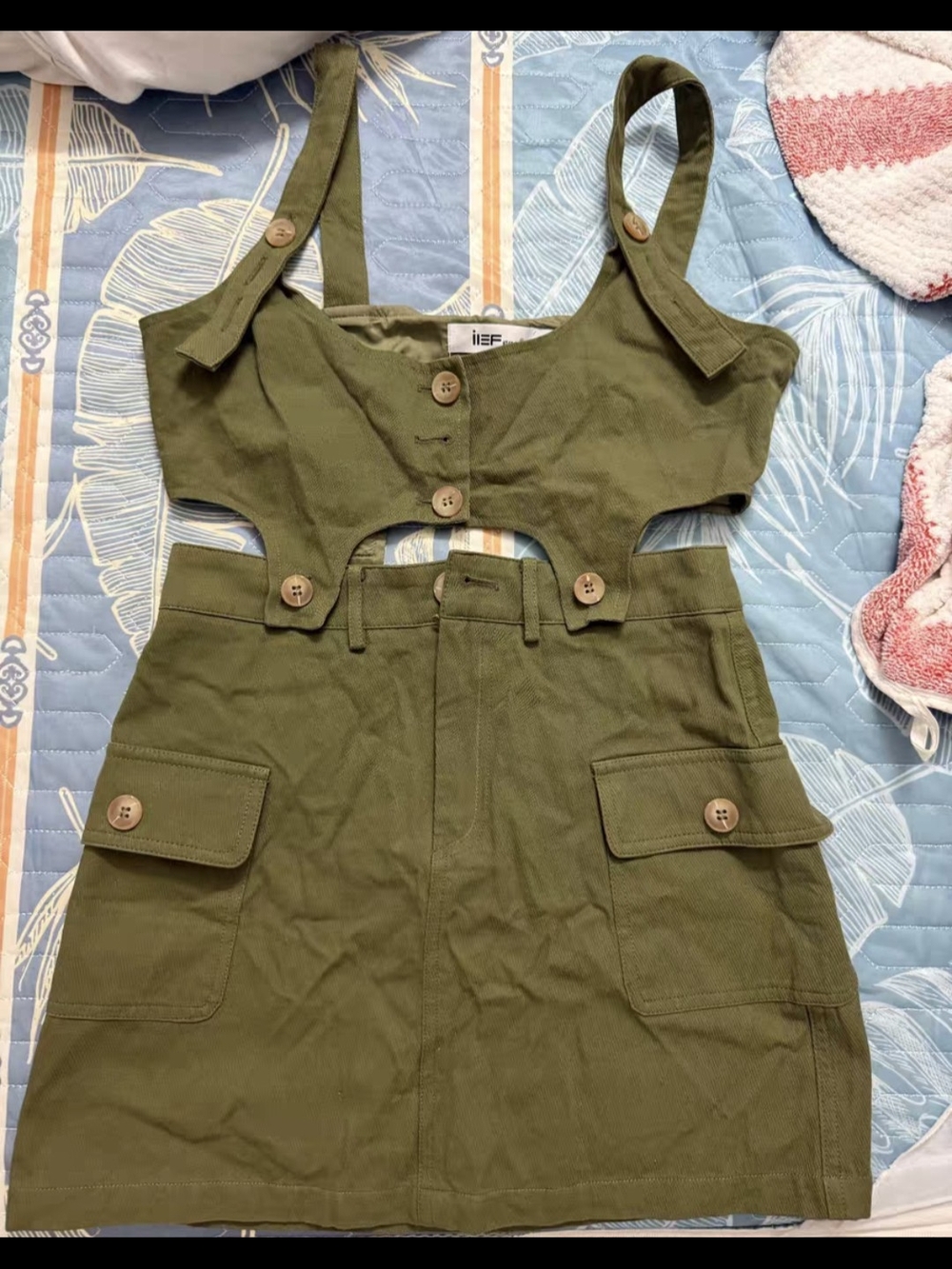 Olive Green Button-Front Cargo Mini Dress
